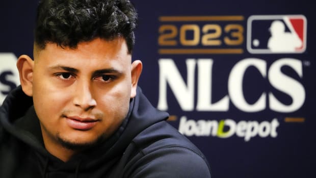 Gabriel Moreno speaking to media on 10/18/2023